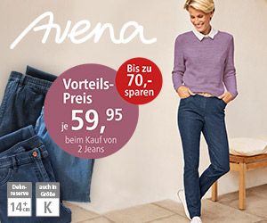 Aktionsgrafik – Bequemjeans bei Avena für 59,95 € statt 79,95 € je Jeans beim Kauf von zwei, gültig bis 20.09.2026