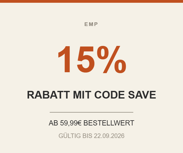 Aktionsgrafik – 15% Rabatt bei EMP mit dem Code SAVE ab 59,99€ Bestellwert, gültig bis 22.09.2026