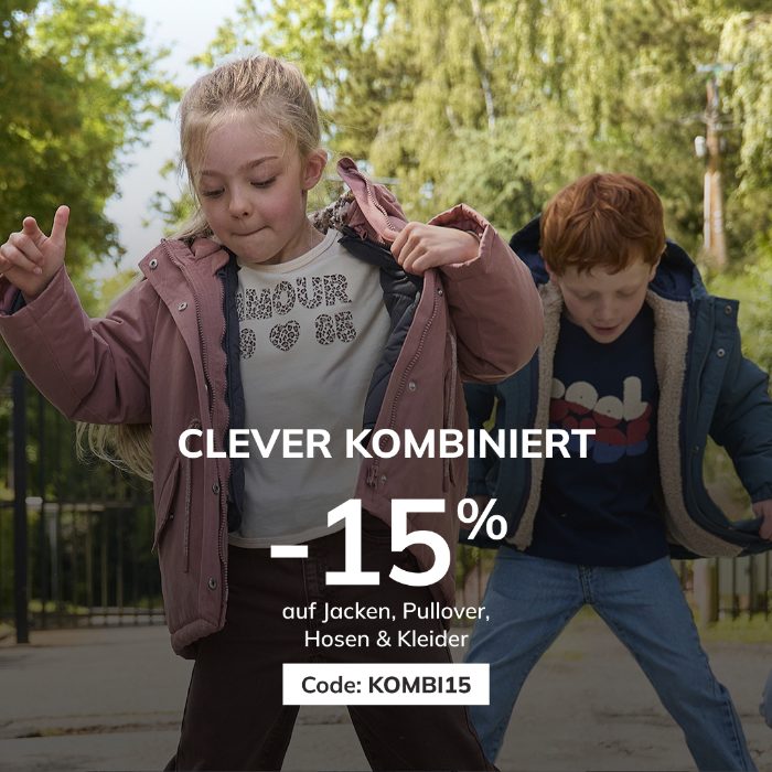 Vertbaudet Aktionsmotiv – 15 % Rabatt auf Jacken, Pullover, Hosen und Kleider mit dem Vorteilscode KOMBI15