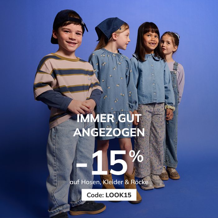 Vertbaudet Aktionsmotiv – 15 % Rabatt auf Hosen, Röcke und Kleider mit dem Vorteilscode LOOK15