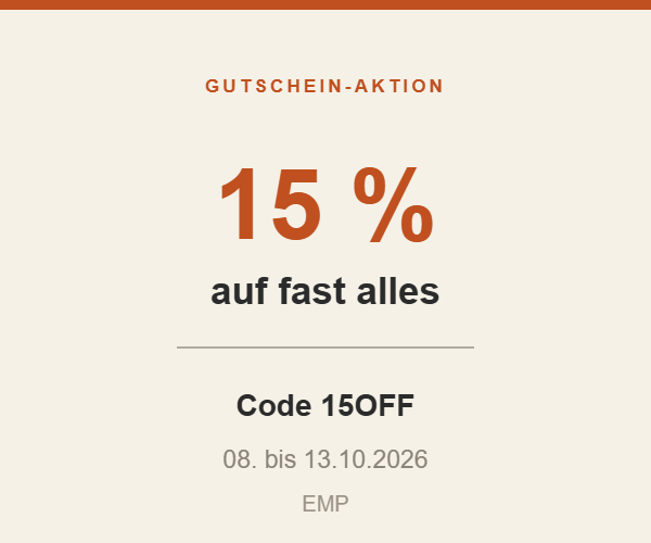 Aktionsgrafik – 15 % Rabatt bei EMP mit dem Code 15OFF, gültig 08. bis 13.10.2026