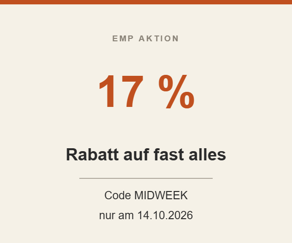 EMP Aktionsgrafik – 17 % Rabatt mit Code MIDWEEK, gültig am 14.10.2026