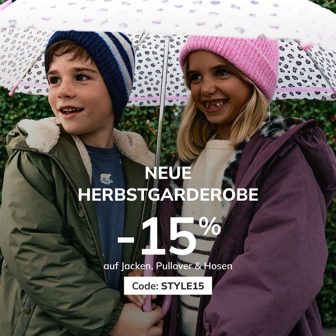 Vertbaudet Aktionsgrafik – Neue Herbstgarderobe, 15 % mit Code STYLE15 auf Jacken, Pullover und Hosen